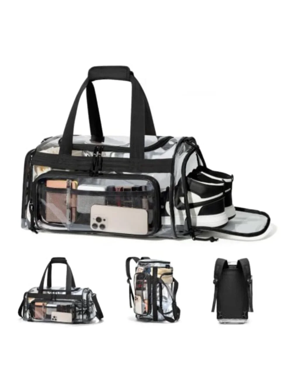 Clear Duffle Bag 32.5L Convertible Travel Backpack Waterproof PVC with Shoe
